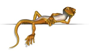 3D render of a very laid back gecko relaxing on an edge.